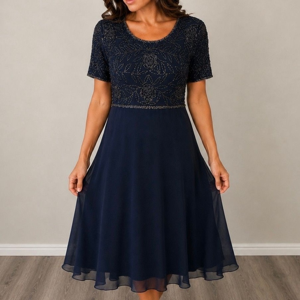 Jessica Vintage‎ Beaded Chiffon Cocktail Party Dress Navy Blue Floral